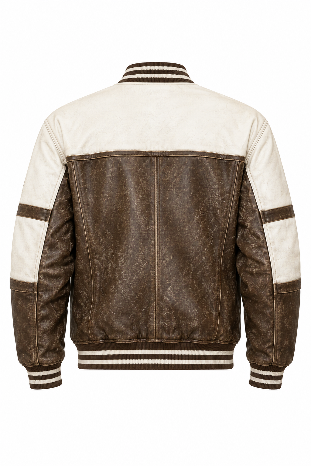 Brown and cream varsity jacket, back