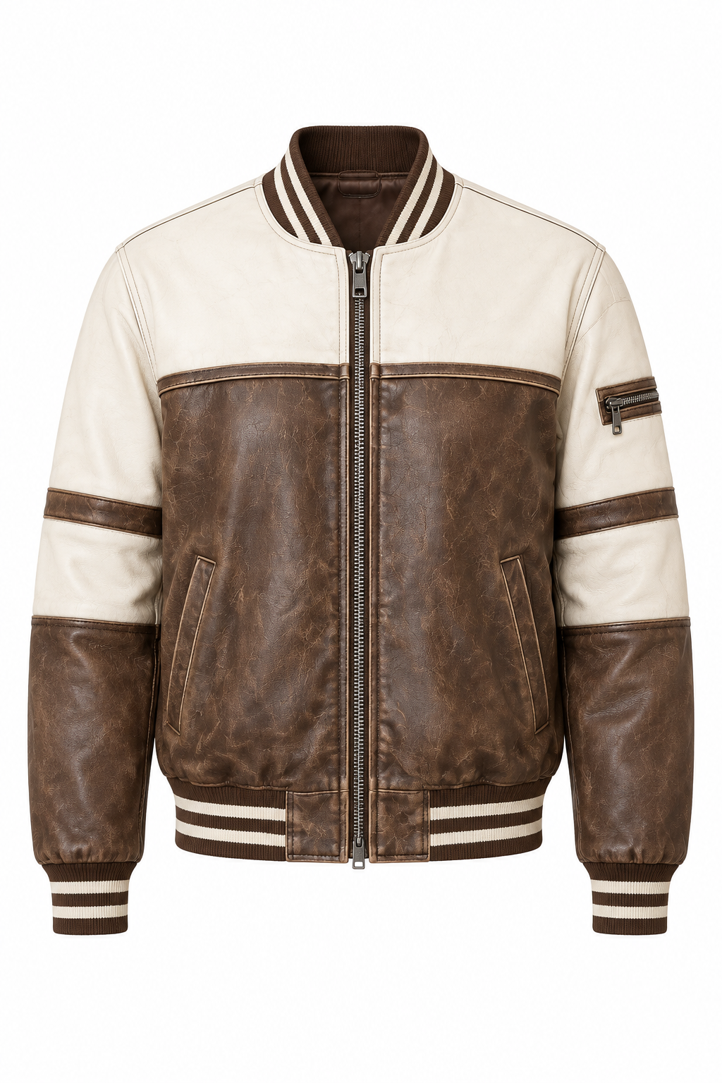 Brown and cream varsity jacket, front
