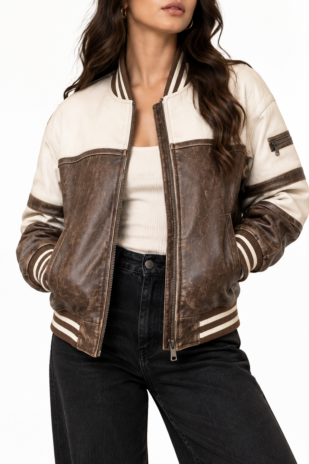Brown and cream varsity jacket with a different model