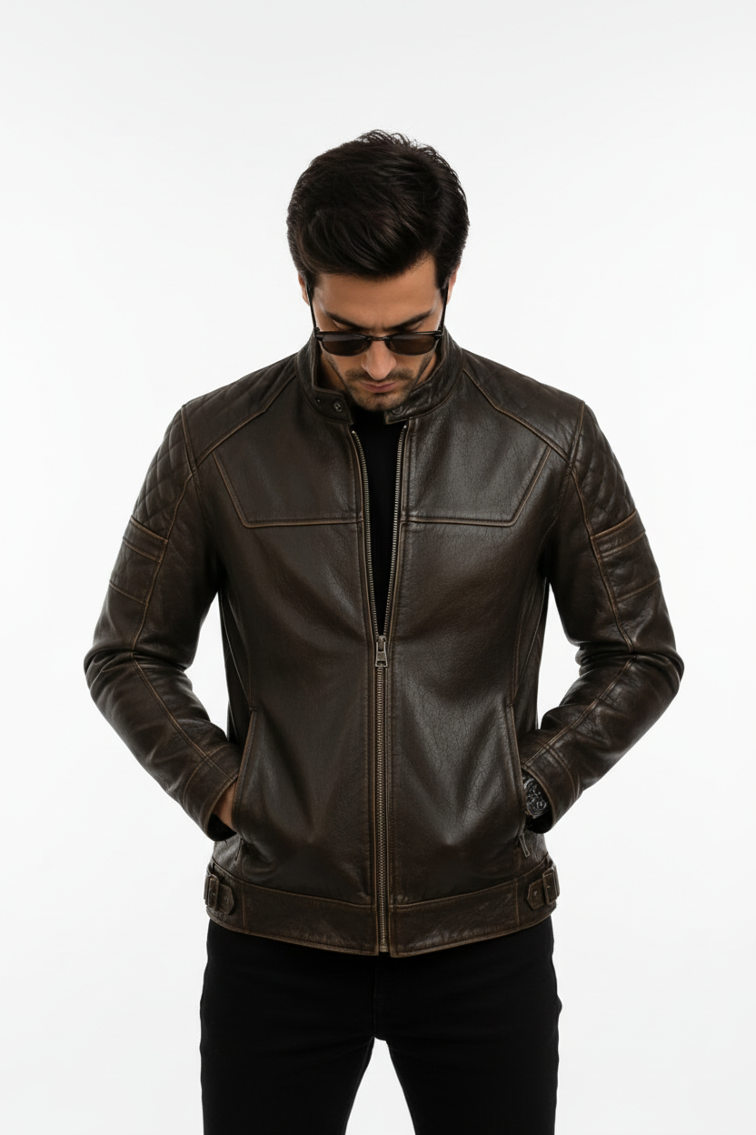 Brown cafe racer jacket front model