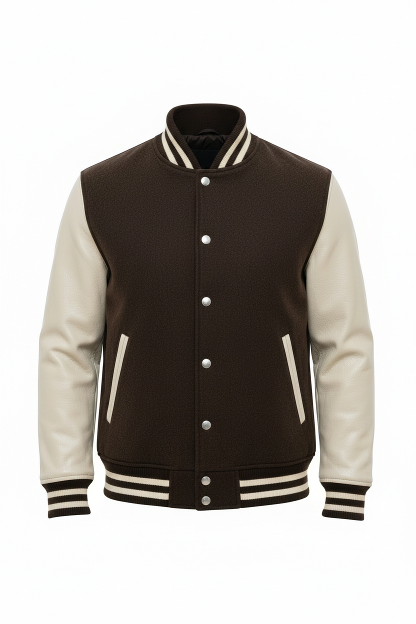 Men's Brown Wool & Real Leather Varsity Bomber Jacket – Quilted Lining