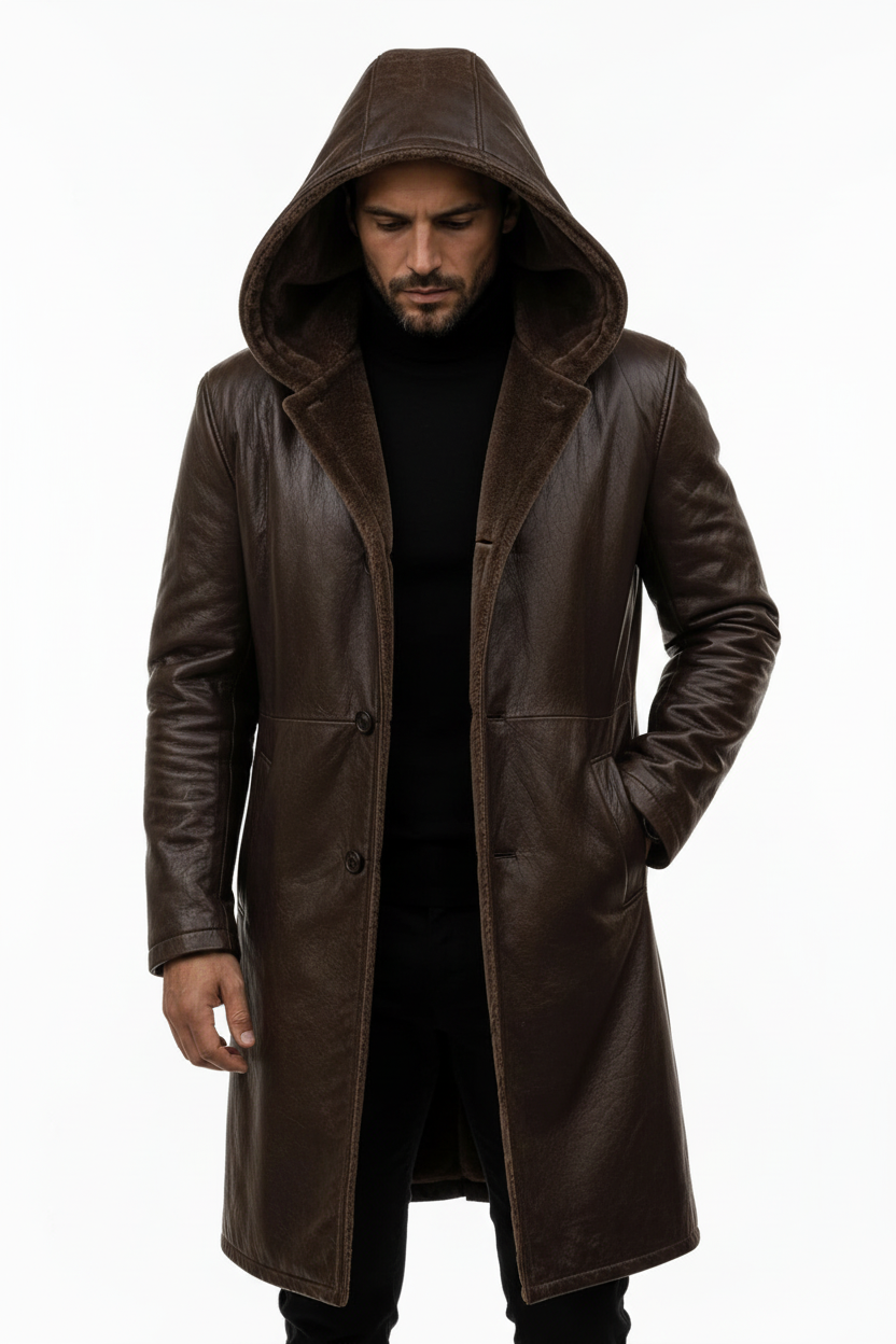 Brown Hooded Coat – Hood Up