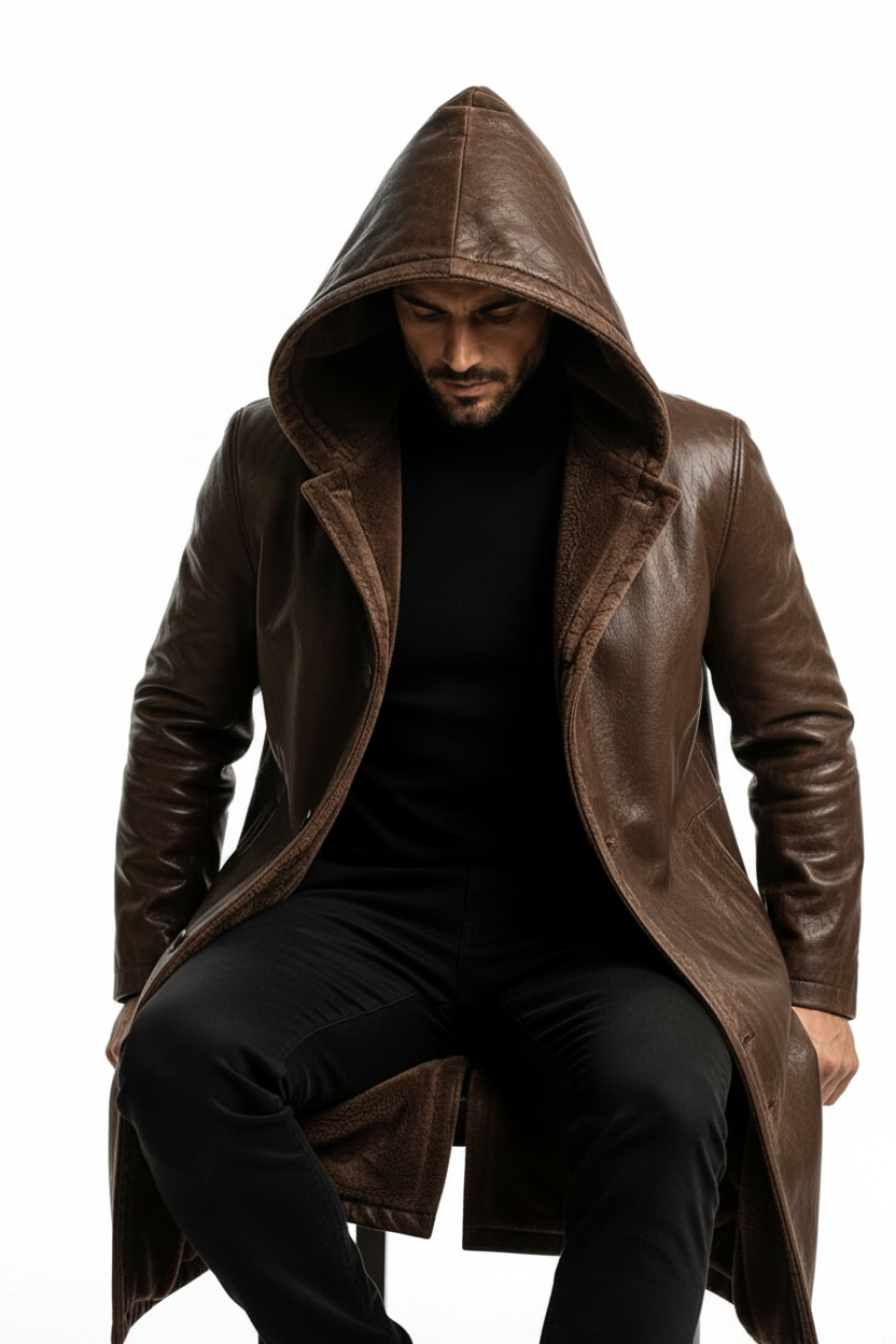 Brown Hooded Coat – Seated