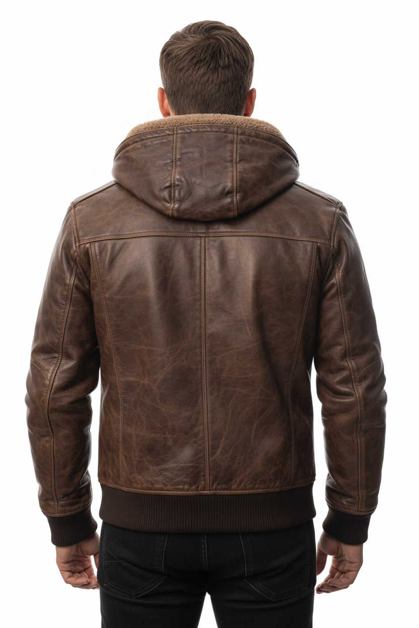 Brown hooded jacket back model