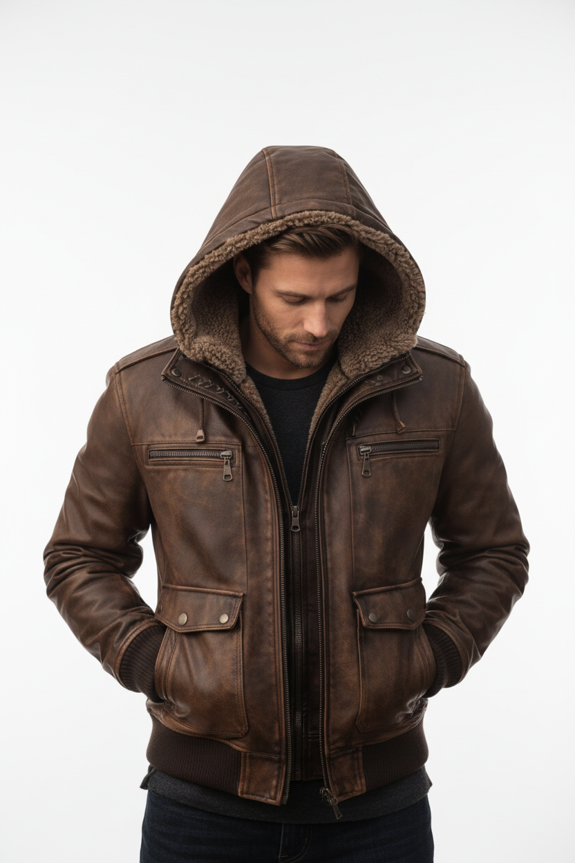 Brown hooded jacket front model