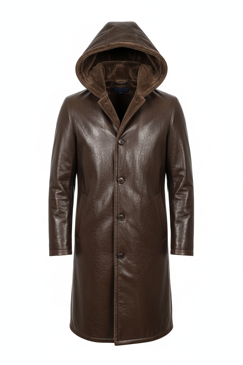 Brown Hooded Leather Coat – Alternate Front