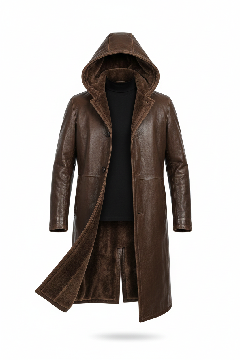 Brown Hooded Leather Coat – Draped