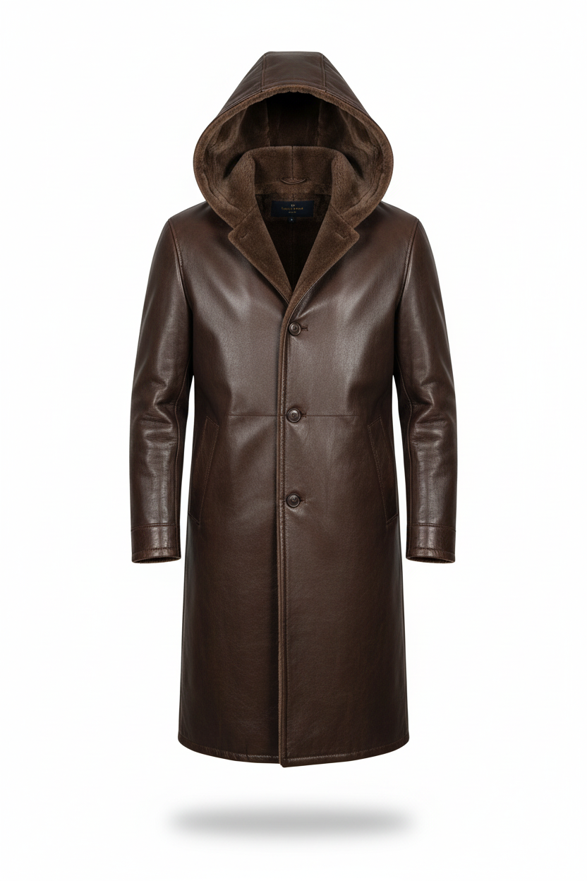 Brown Hooded Leather Coat – Front