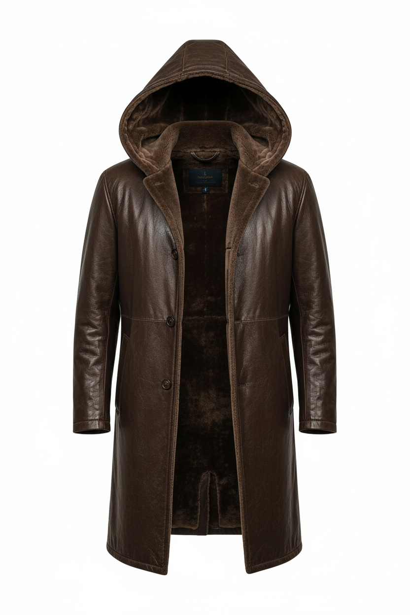 Brown Hooded Leather Coat – Hood Up