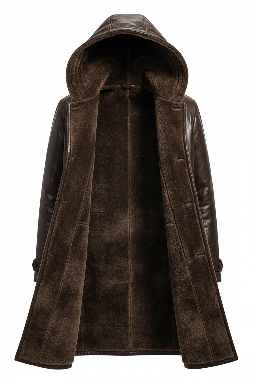 Brown Hooded Leather Coat – Open