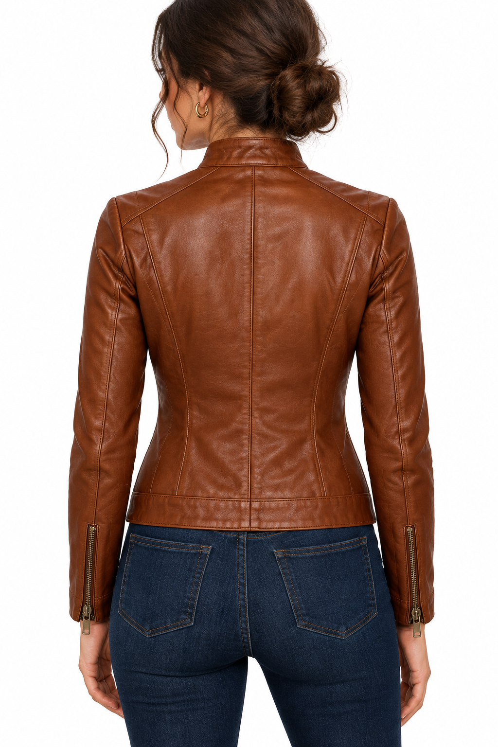 Brown jacket on a different model, back view