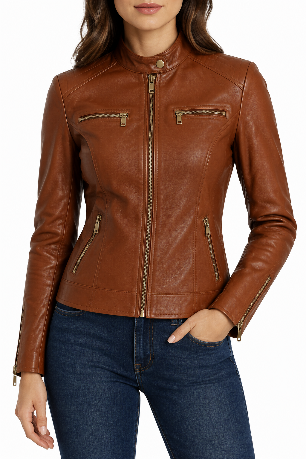 Brown jacket on a different model, front view