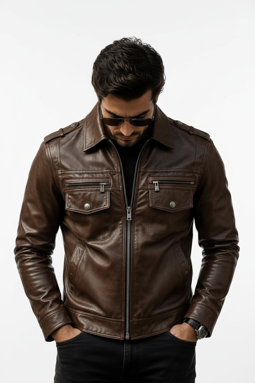 Brown trucker jacket front model