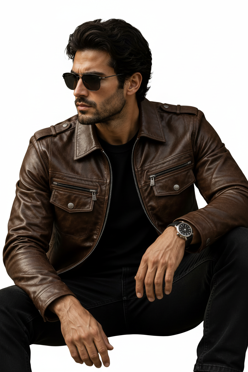 Brown trucker jacket seated model