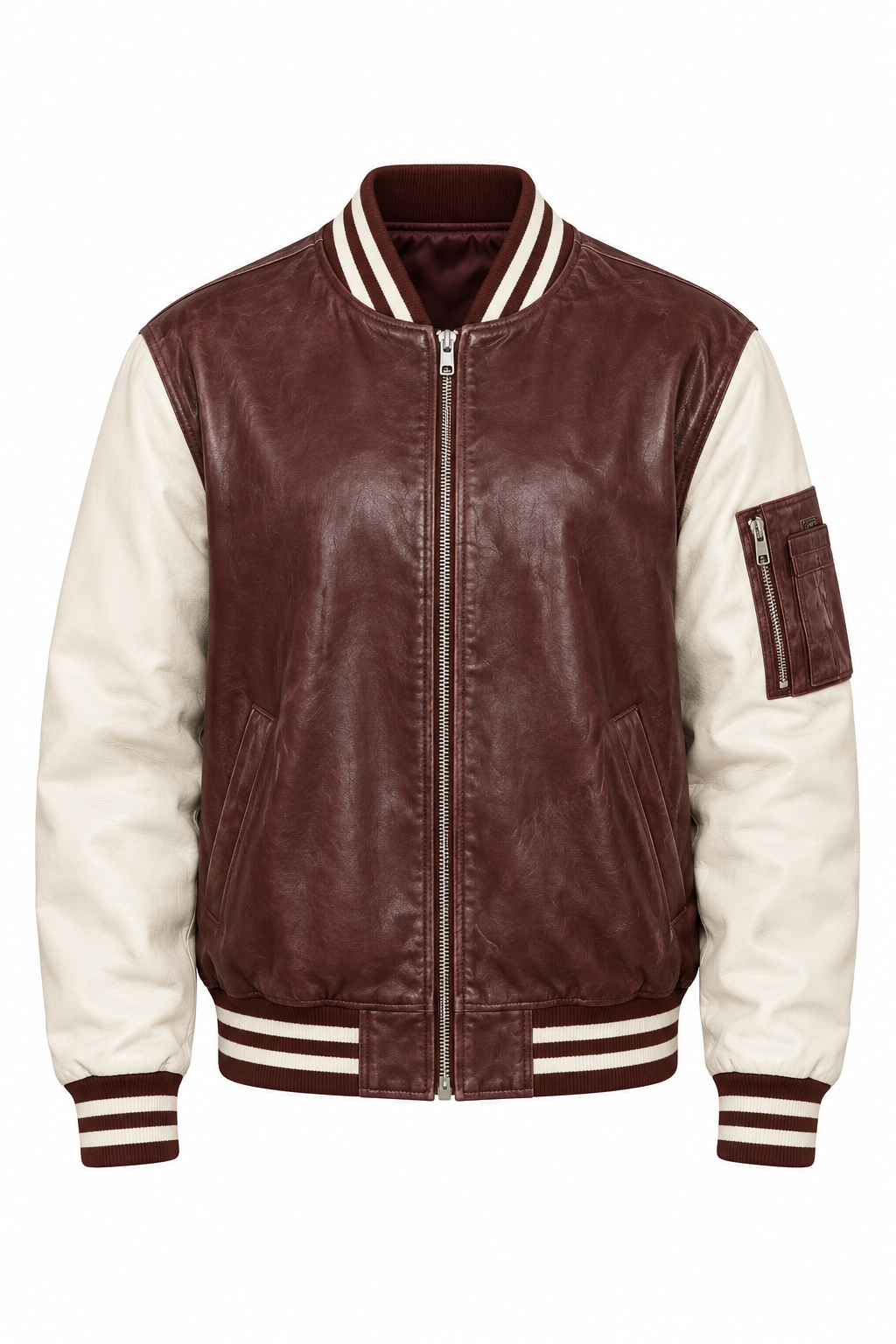 Burgundy and cream varsity jacket, product view