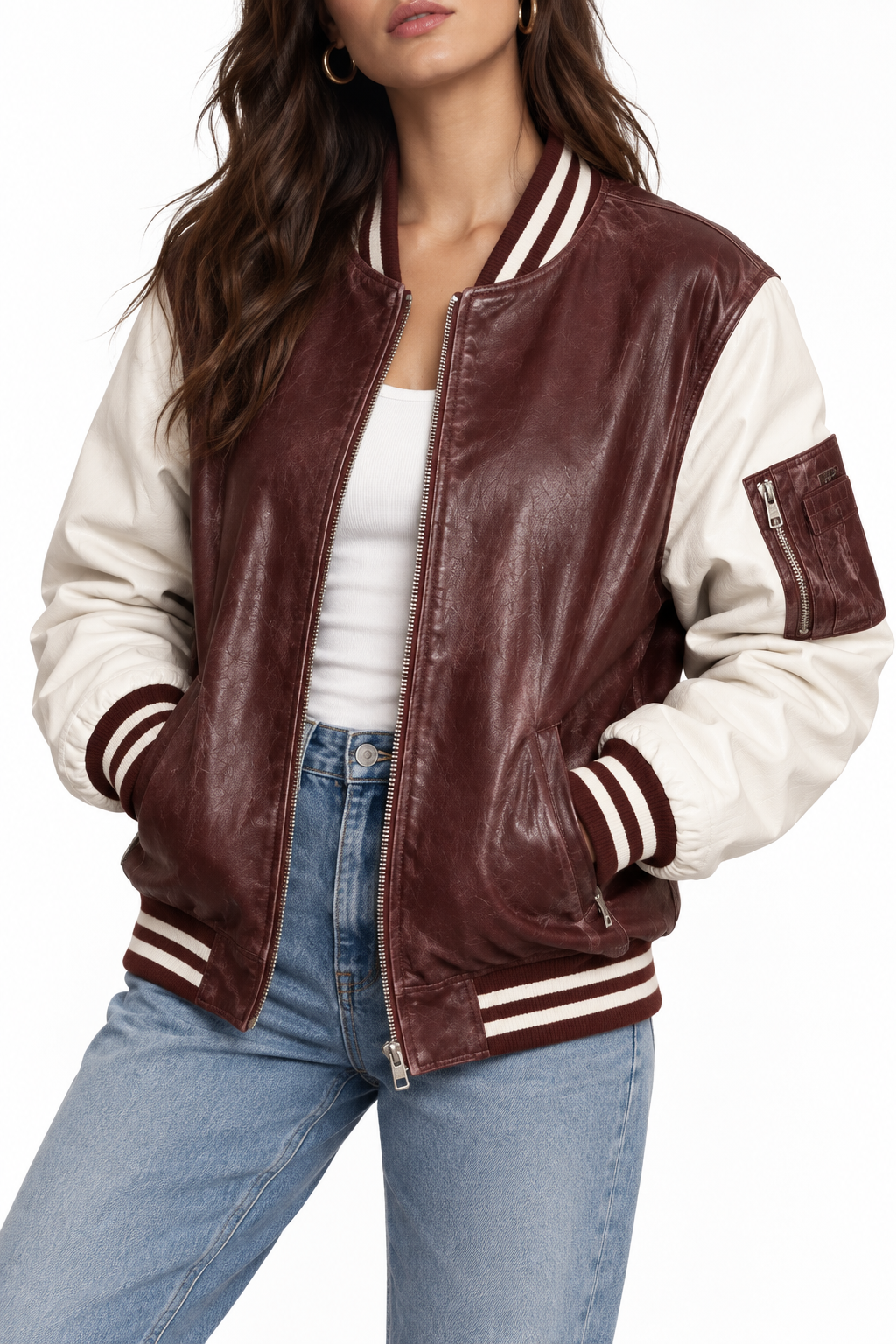 Burgundy and cream varsity jacket with a different model