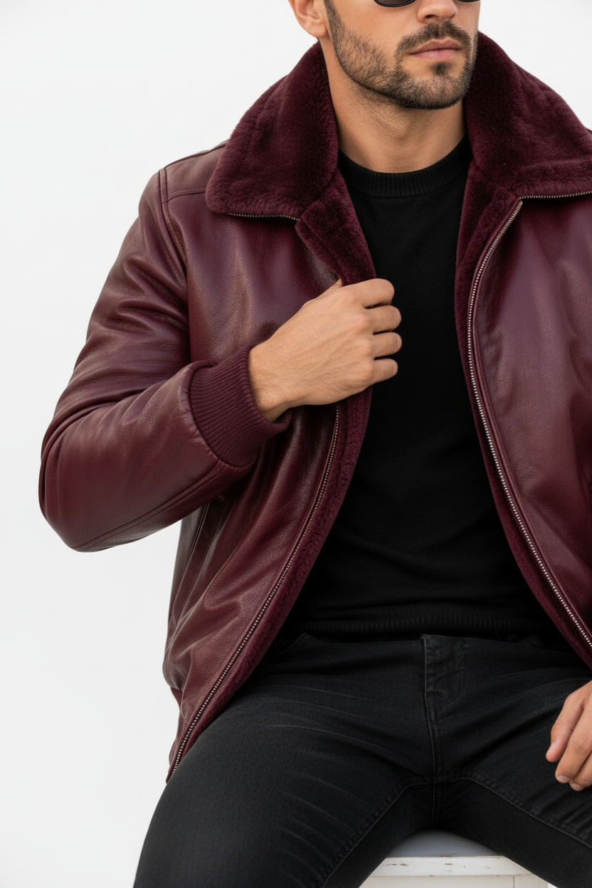 Burgundy Bomber – Seated White Background