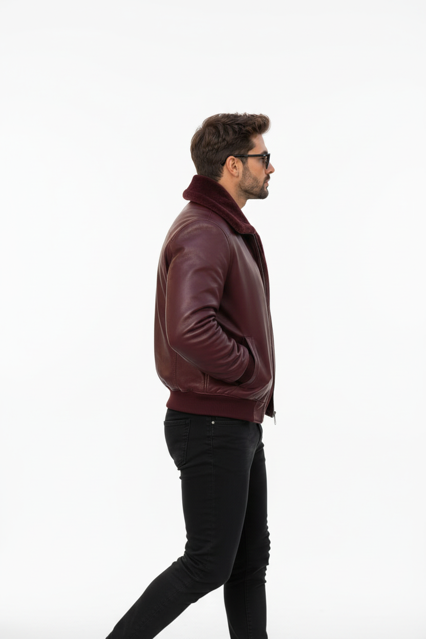 Burgundy Bomber – Side Profile White Background