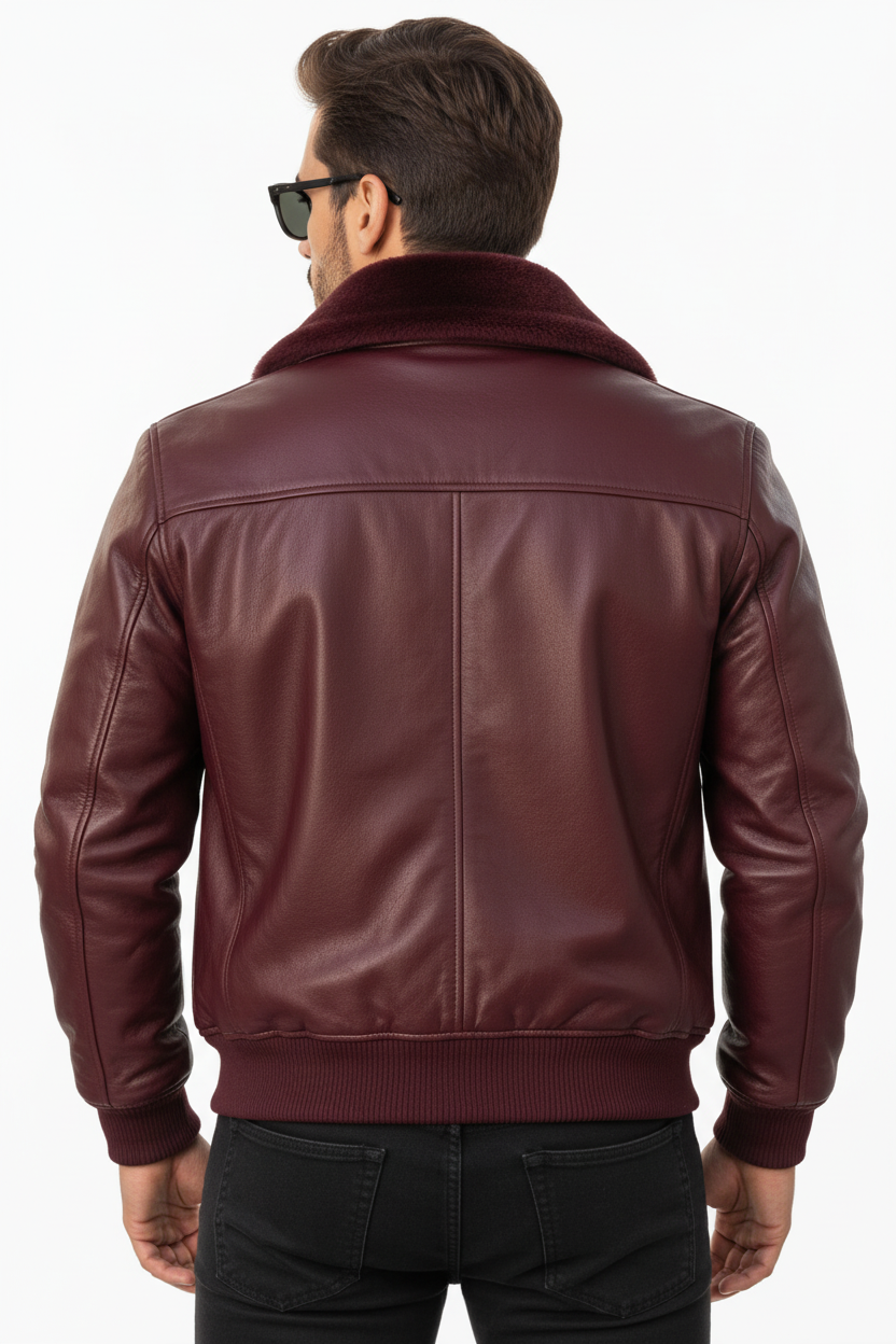 Burgundy Leather Bomber Jacket – Back