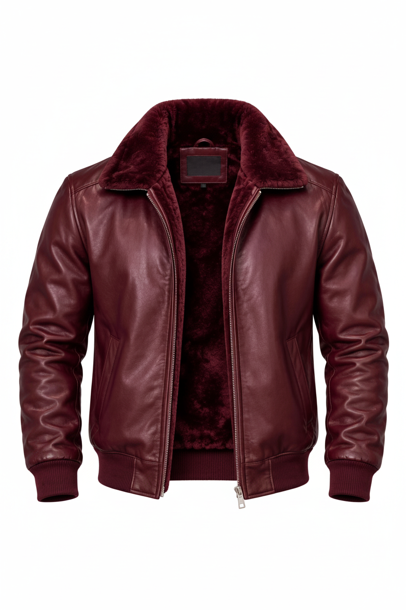 Burgundy Leather Bomber Jacket – Front