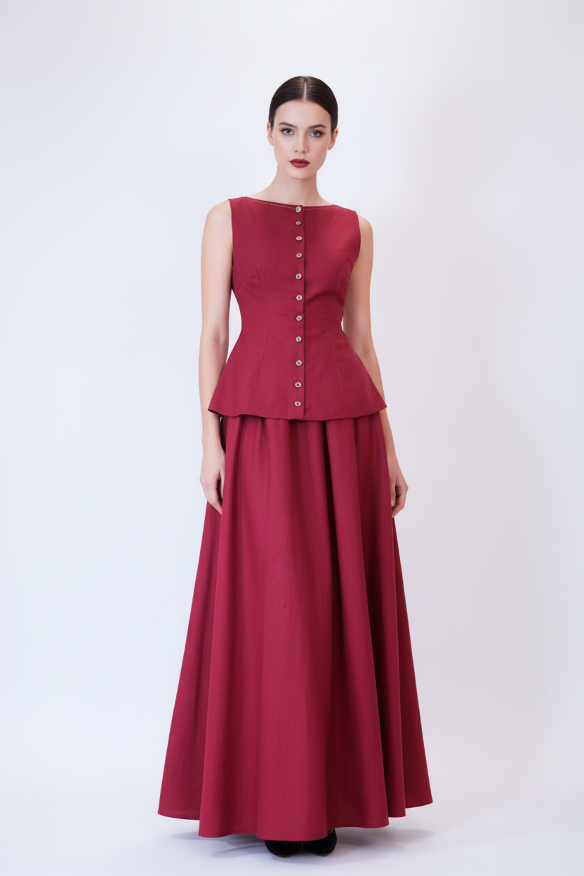 Burgundy Peplum Co-ord on Model