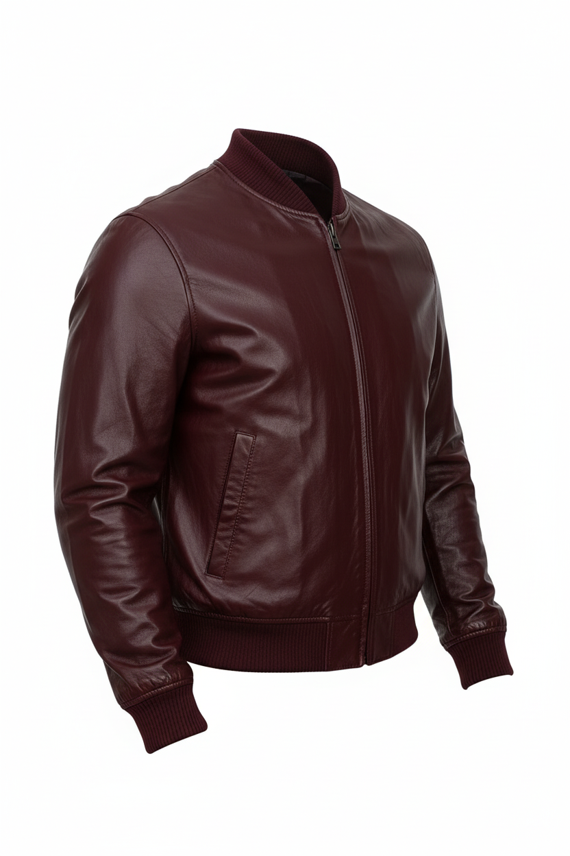Men's Leather Bomber Jacket – Ribbed Collar, Zip Front & Minimalist Design