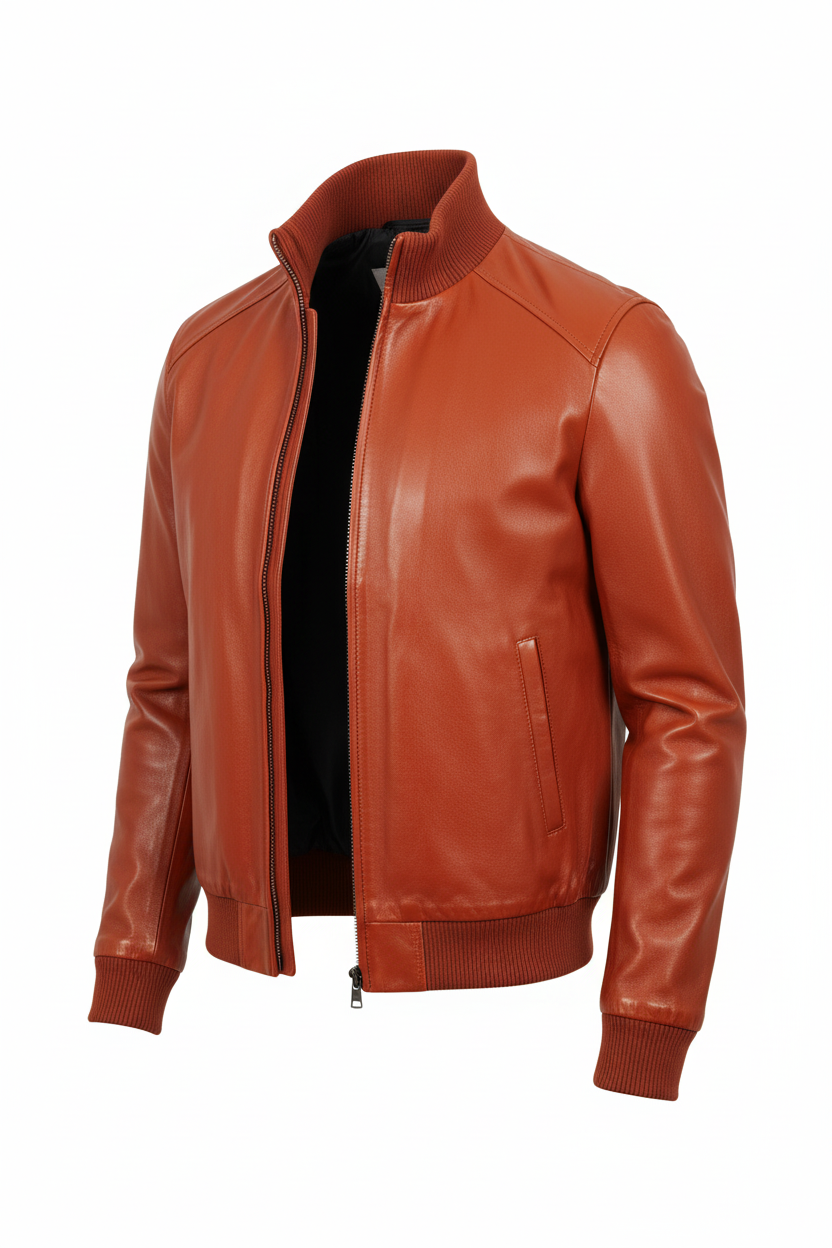 Men's Leather Bomber Jacket – Ribbed Collar, Zip Front & Minimalist Design