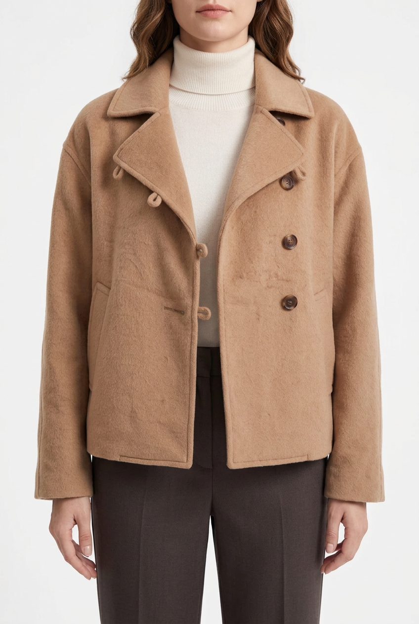 Camel jacket on female model, portrait 1