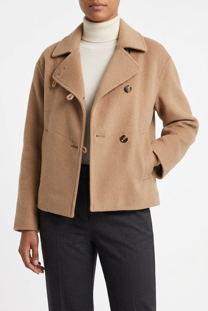 Camel jacket on female model, portrait 2