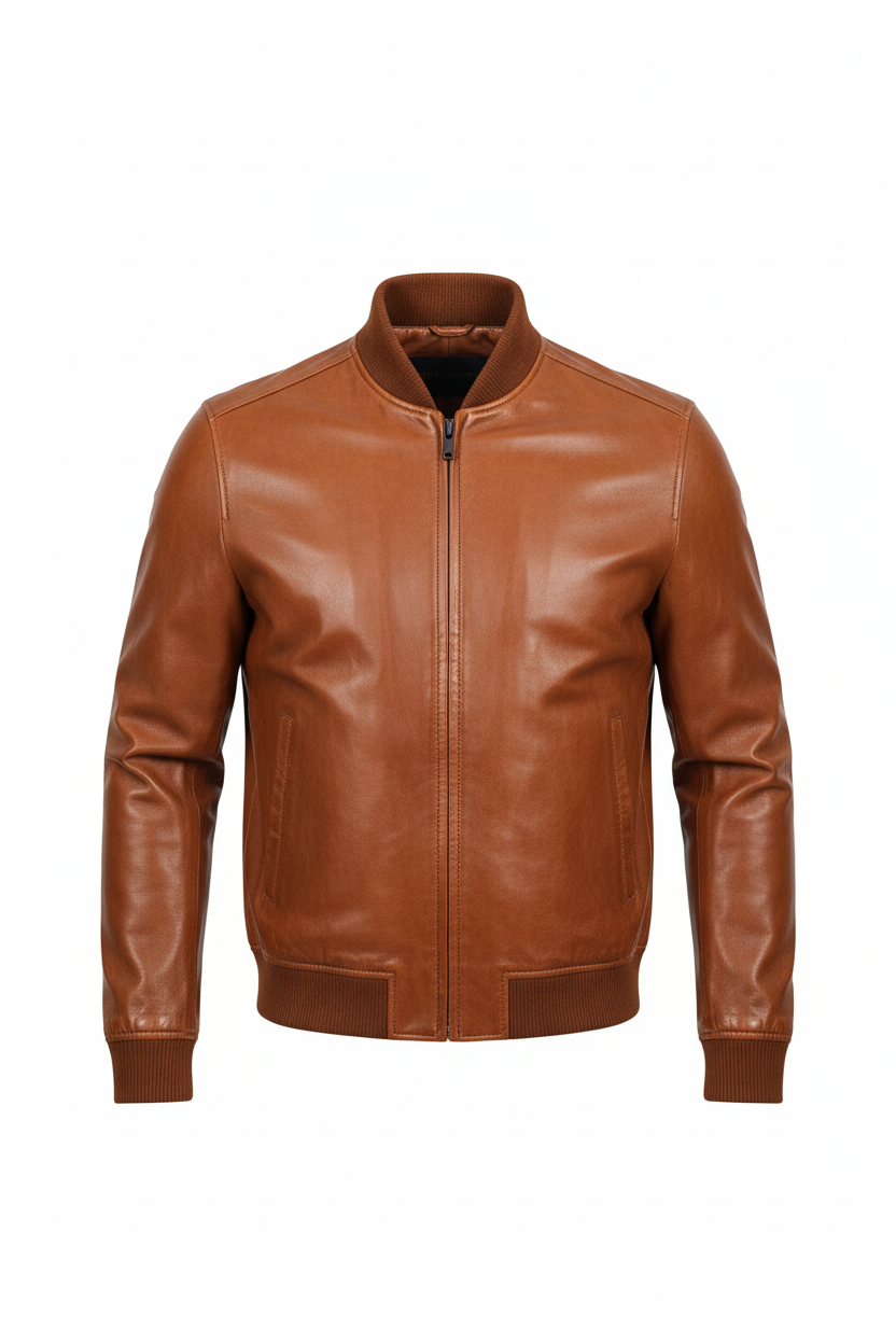 Men's Leather Bomber Jacket – Ribbed Collar, Zip Front & Minimalist Design