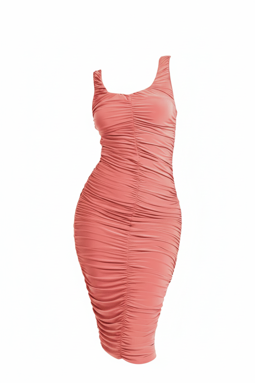 Coral ruched dress portrait