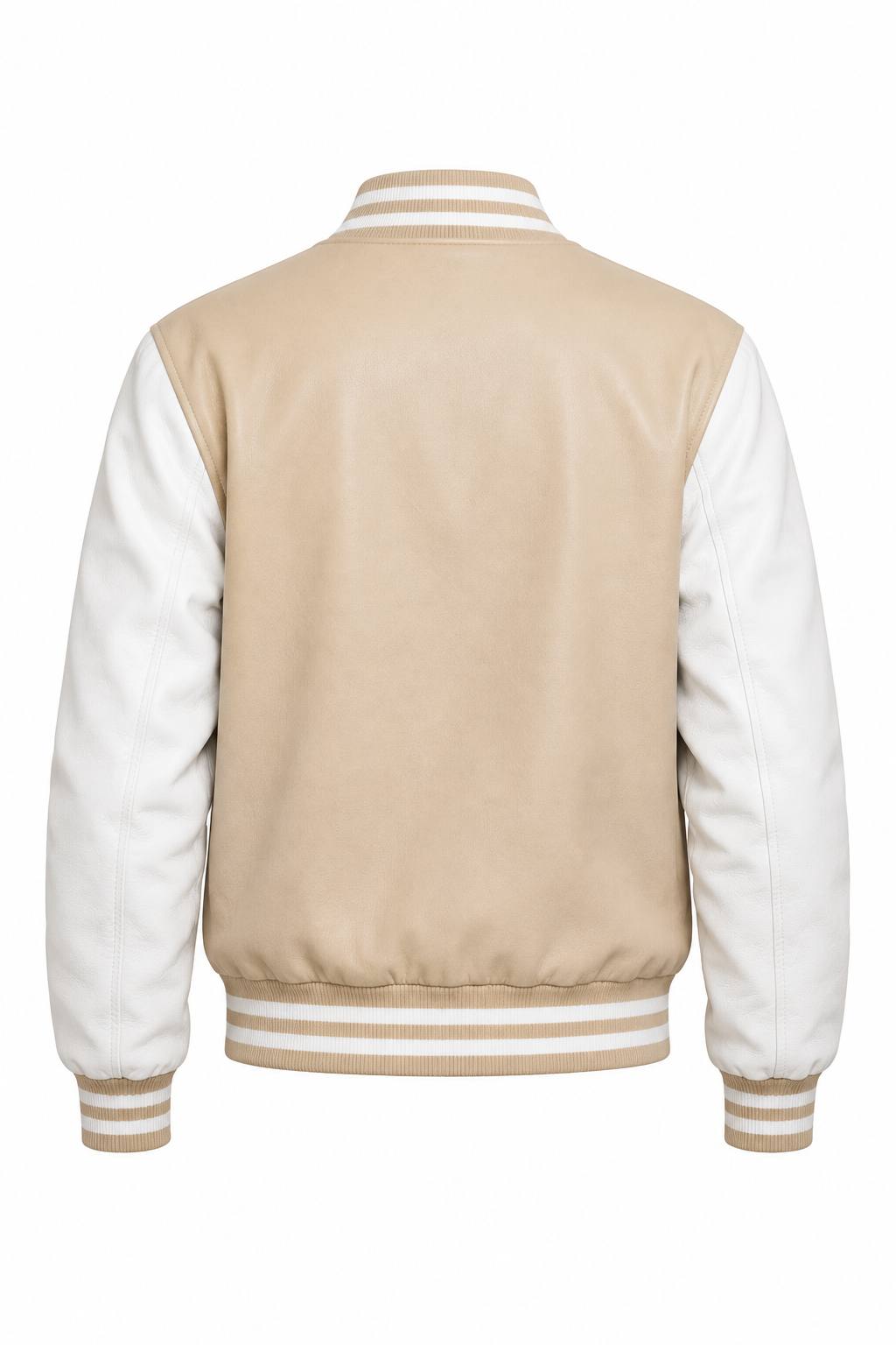 Cream and white varsity jacket, back product view