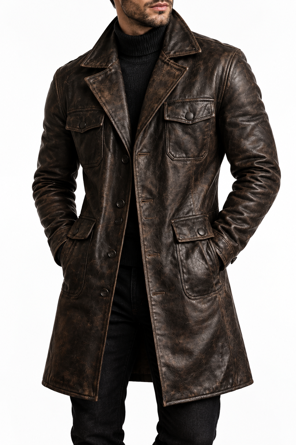Dark brown leather coat with a different model, view 1
