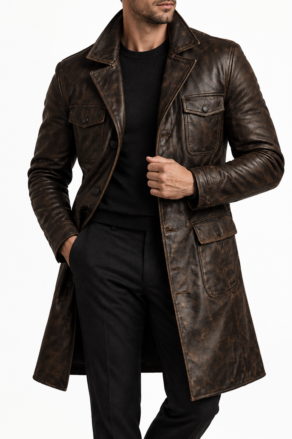 Dark brown leather coat with a different model, view 2