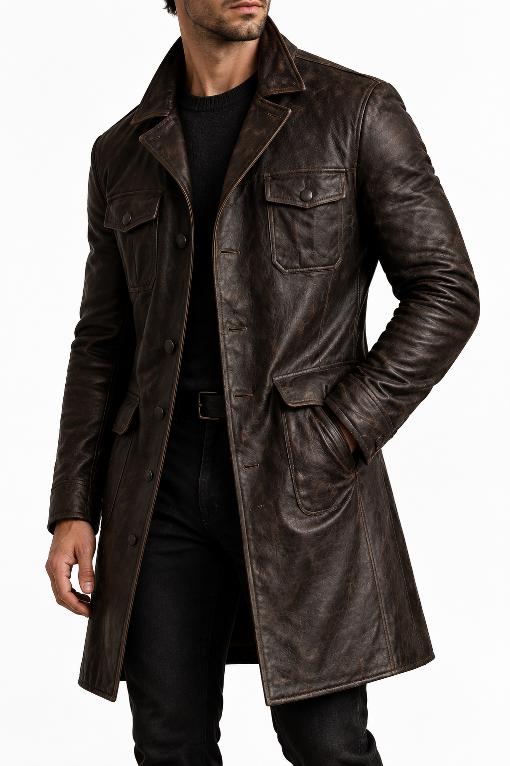 Dark brown leather coat with a different model, view 3