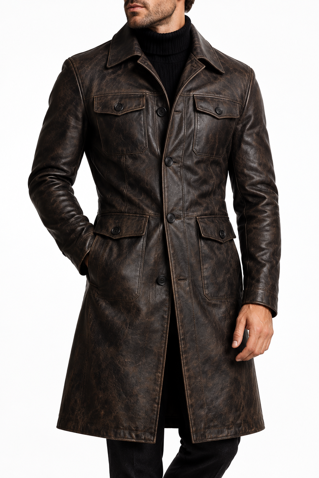 Dark brown leather coat with a different model, view 4