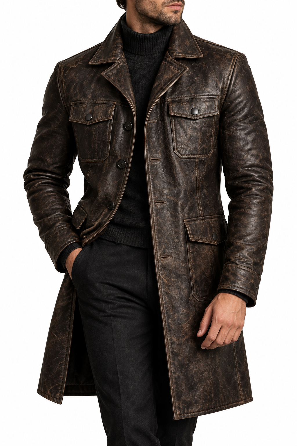 Dark brown leather coat with a different model, view 5