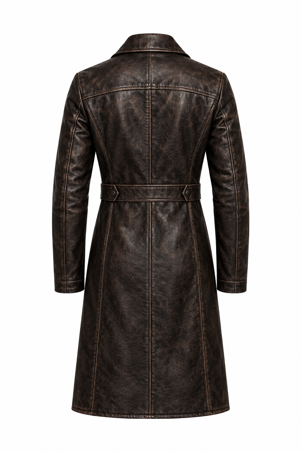 Dark brown leather long coat, back product view