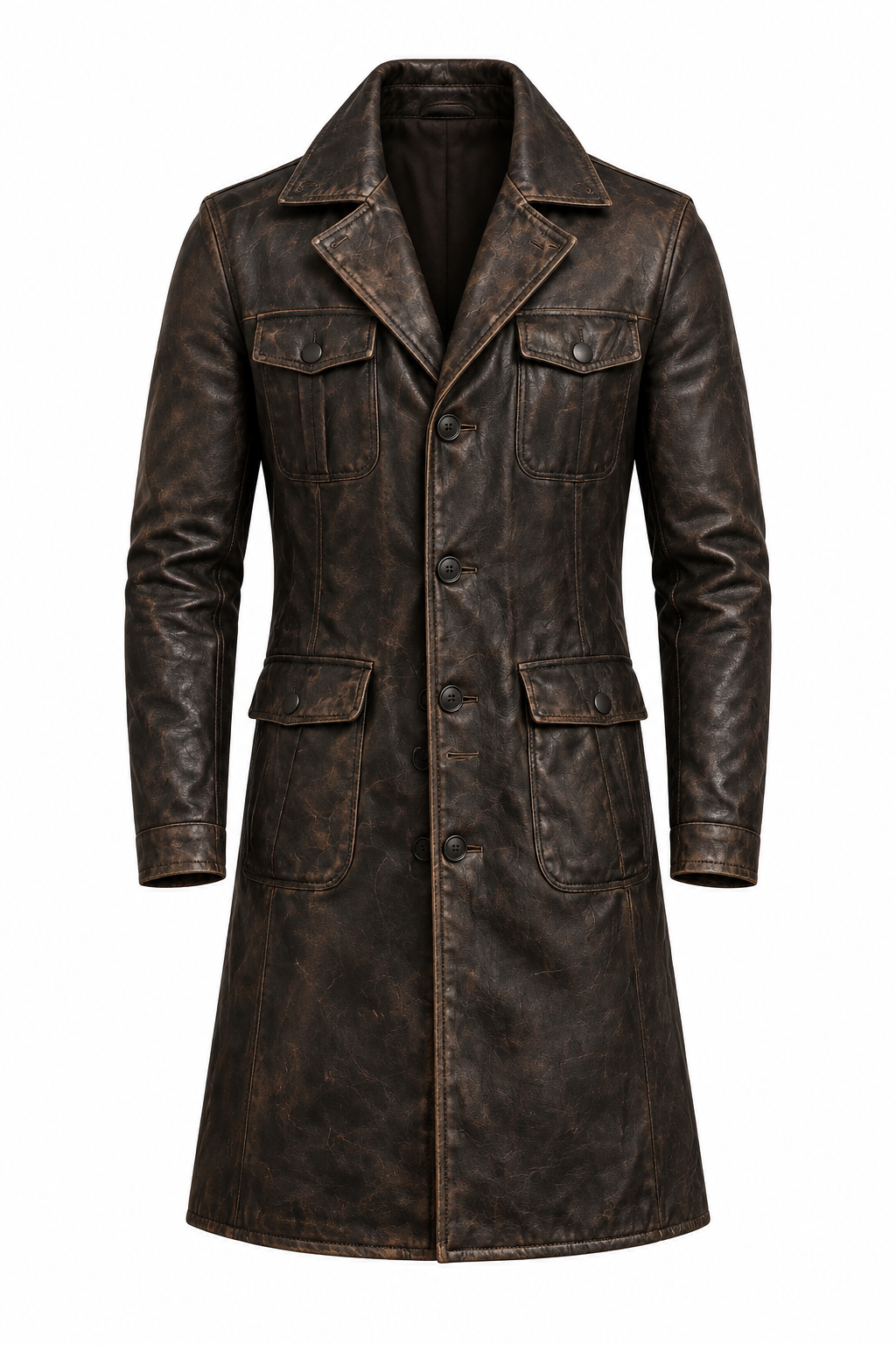 Dark brown leather long coat, product view 1
