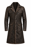 Dark brown leather long coat, product view 1