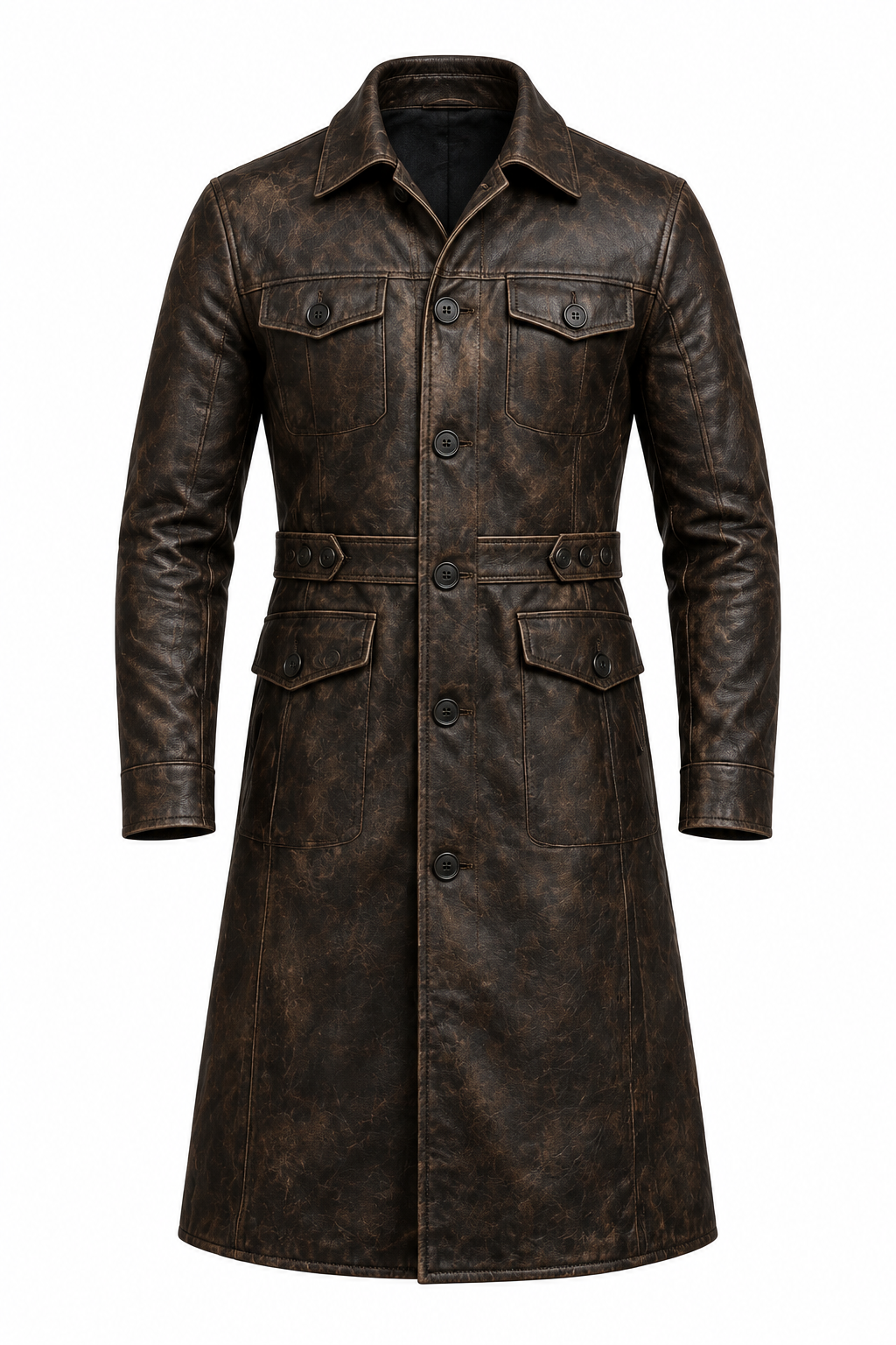 Dark brown leather long coat, product view 4