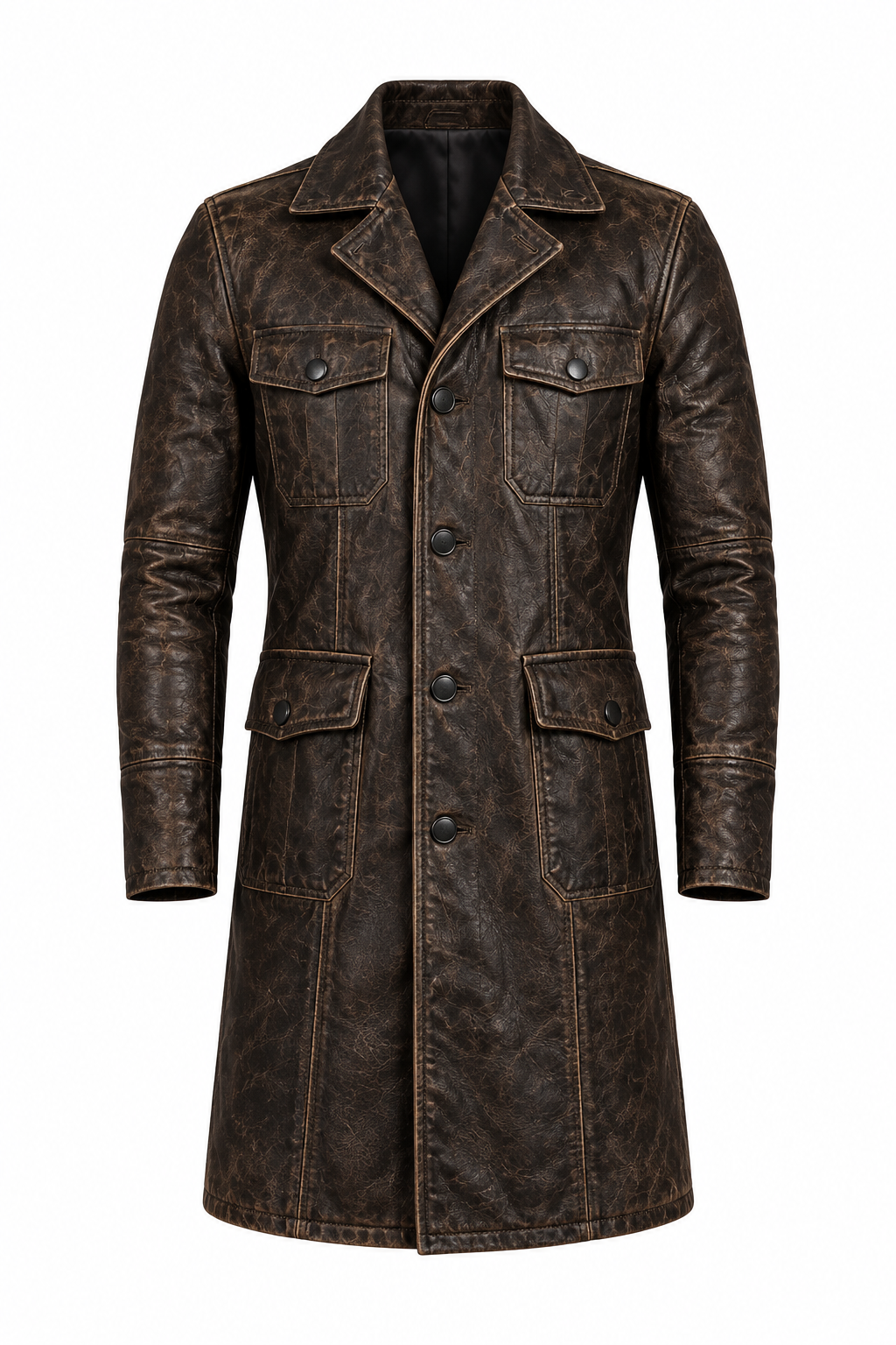 Dark brown leather long coat, product view 5
