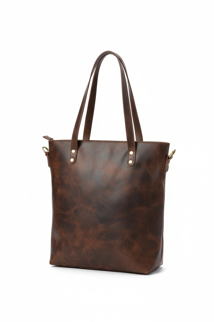 Dark Brown Leather Tote – White Background