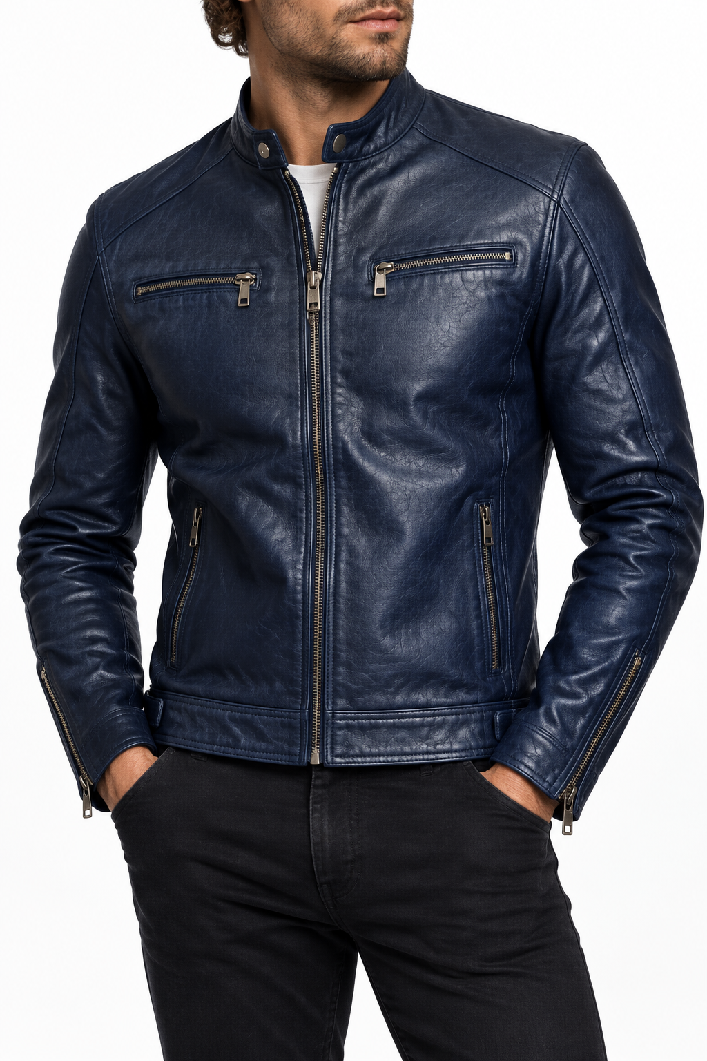 Dark navy biker jacket with a different model, view 1