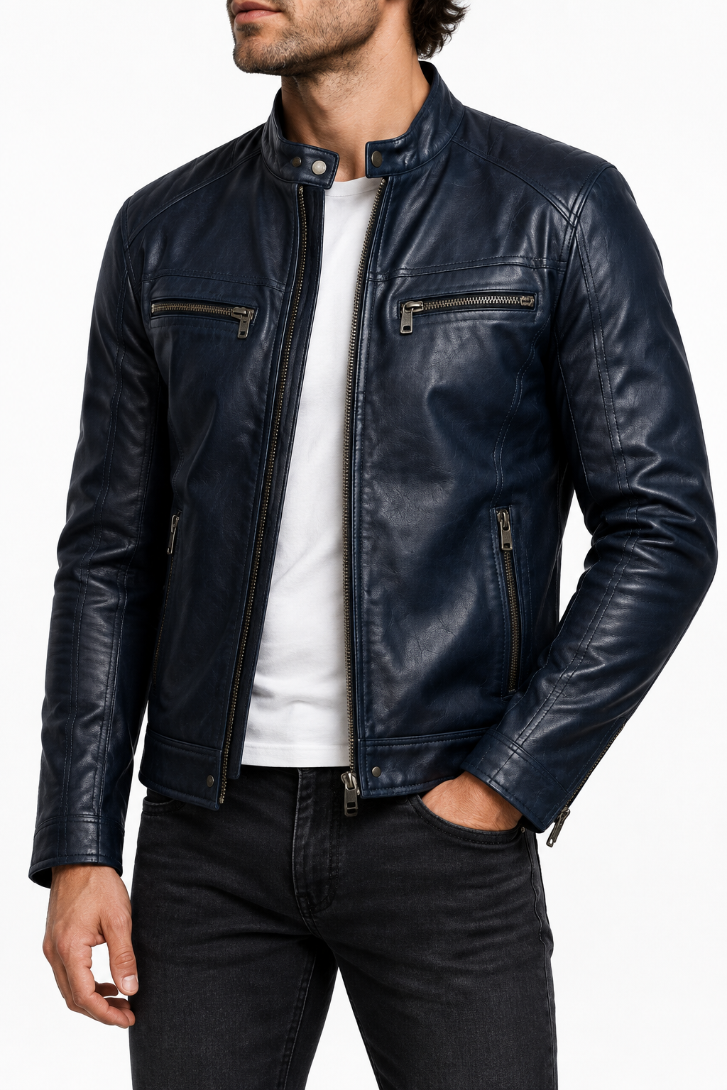 Dark navy biker jacket with a different model, view 2