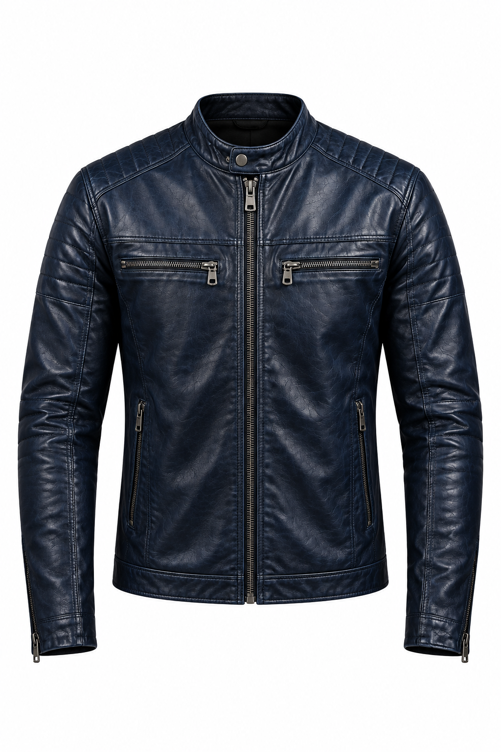 Dark navy leather biker jacket, side view