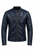 Dark navy leather biker jacket, side view