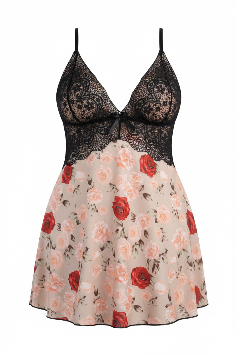 Floral print babydoll with black lace