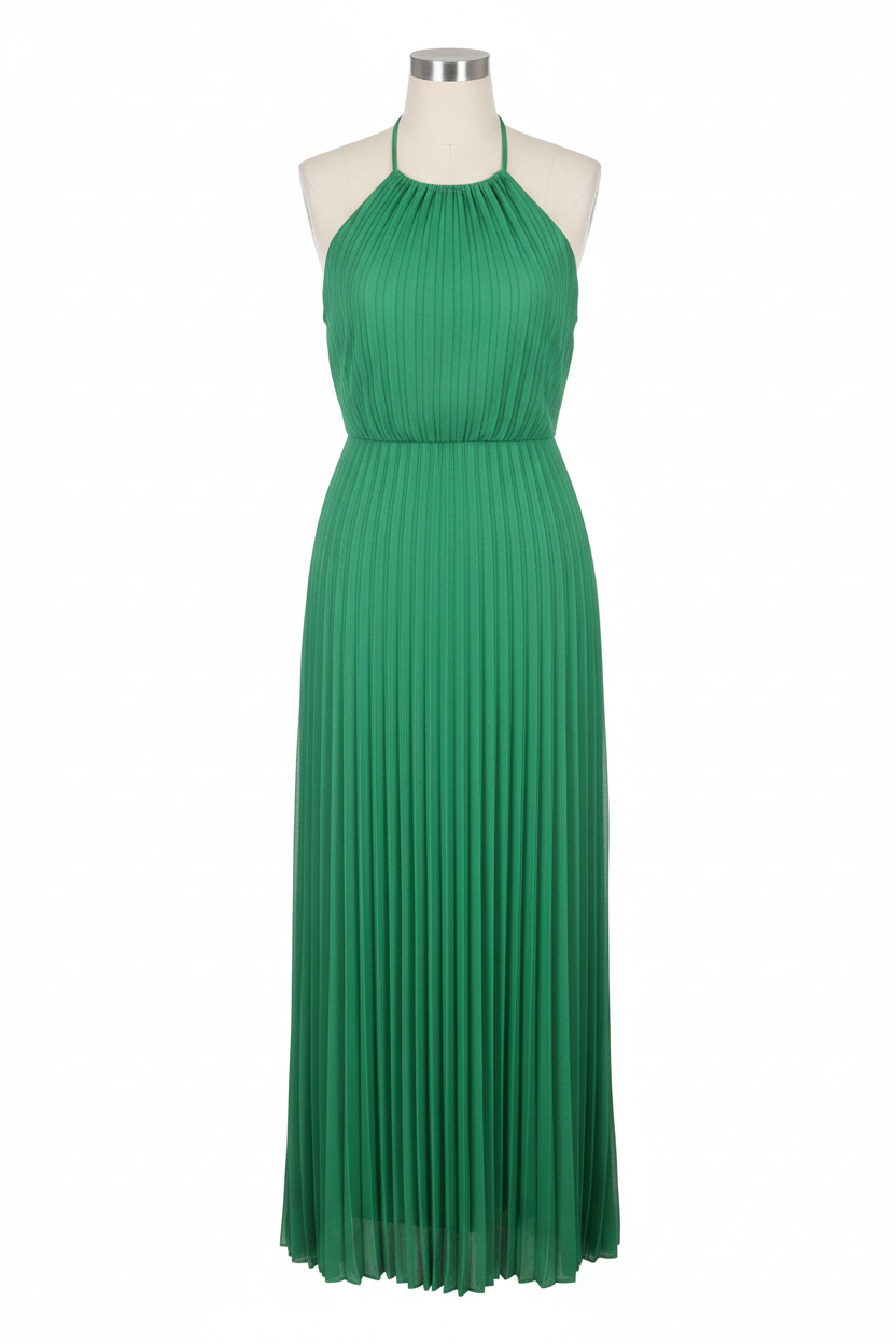 Green Pleated Halterneck Maxi Dress
