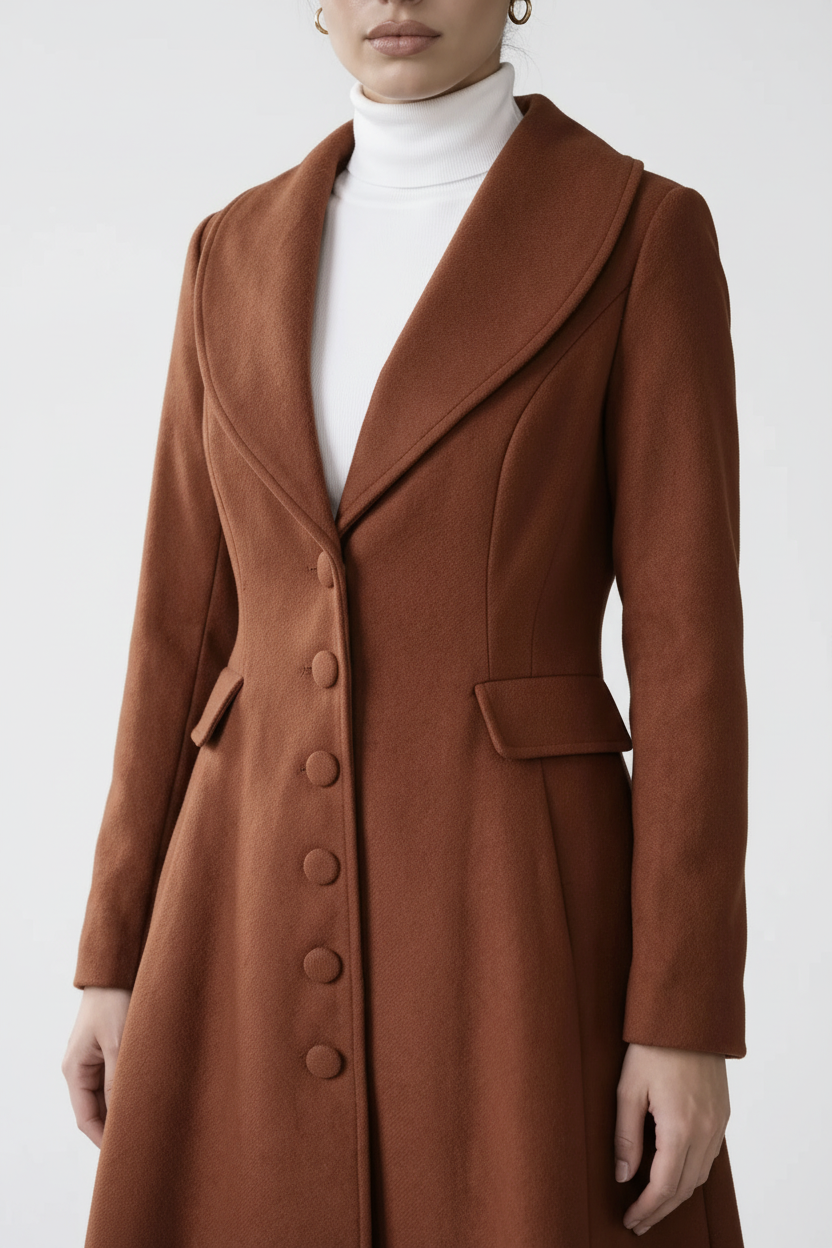 Terracotta vintage wool coat - portrait front view, white background
